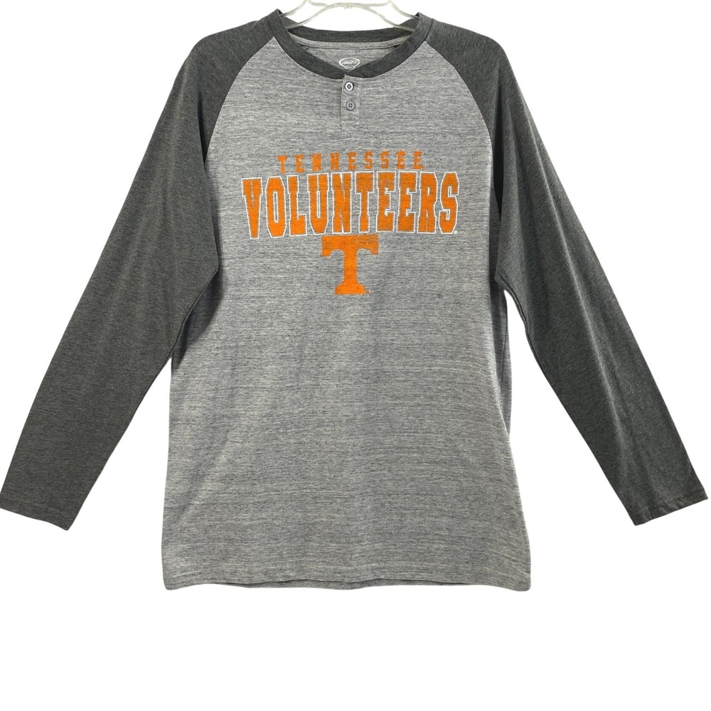 Tennessee Vols UT T Shirt Mens Medium Gray Raglan Long Sleeve‎ 2 Button Henley